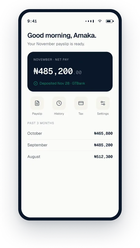 iPay employee app showing November net pay of ₦485,200 paid to GTBank